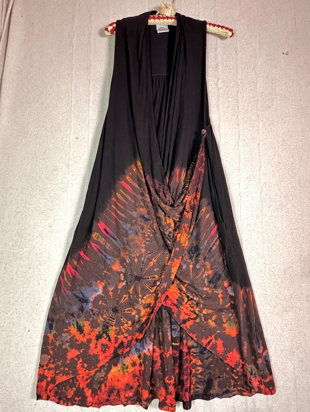 Unique Batik Duster Wrap Vest Dress Orange Black Fire Dye Bohemian Festival S-L
